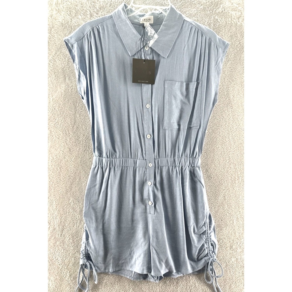Le Lis Romper Women's Small Blue Sleeveless Collared Drawstring Sides Button Up
